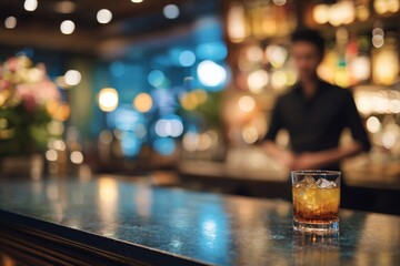 Strong drink on the bar counter, bartender and drinks in the background. Generative AI