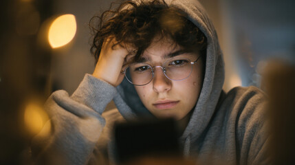 Teen deleting photos from social media with sad expression clean framing, screen glow on face 
