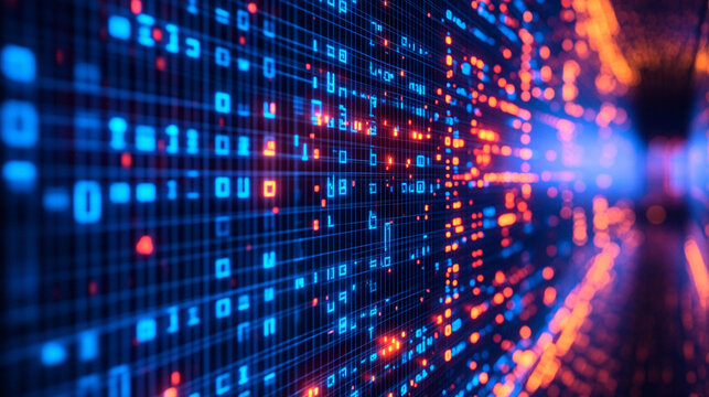 Computer code concept with 3d digital binary code background, futuristic technology theme, abstract data visualization, ideal for tech, programming, and digital projects.