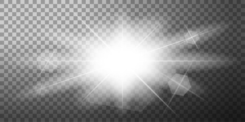 White glowing light burst transparent explosion. Vector illustration for decoration cool effect with ray glitter. Bright star. Transparent gradient glitter sparkle, bright glare. Glare texture.