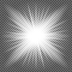 White glowing light explosive burst. New Year illustration for decoration cooling effect with ray glitter. Bright star. Transparent glitter gradient, unforgettable shine. Glare texture.