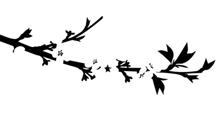 Stylized black silhouette of a broken tree branch with floating blossoms leaves and buds.