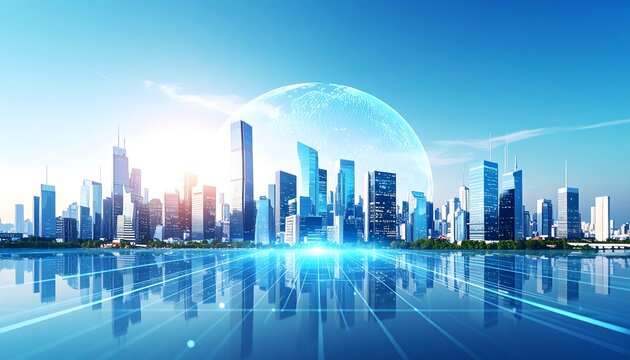 Futuristic city skyline reflected on water