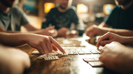 Group of players engaged in a game of dominoes, with one participant pointing to a tile on the table