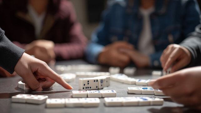 Group of players engaged in a game of dominoes, with one participant pointing to a tile on the table
