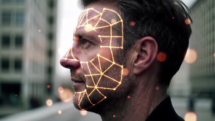 Man profile with glowing facial recognition grid overlay technology for biometric security authentication and digital identity verification in urban environment with bokeh lights background. - Powered by Adobe