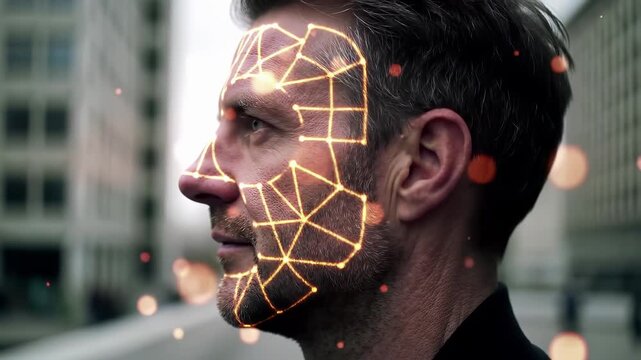Man profile with glowing facial recognition grid overlay technology for biometric security authentication and digital identity verification in urban environment with bokeh lights background. - Powered by Adobe