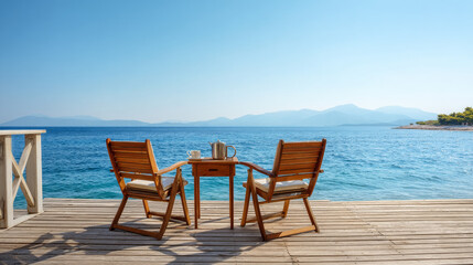 Open-air seaside deck with wooden chairs and a table, inviting quiet contemplation against a coastal backdrop