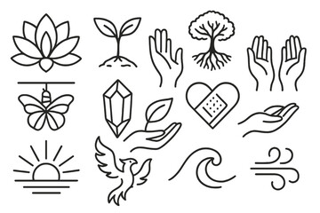 Fototapeta premium Healing Growth Icons. Line style icons of healing and growth tattoos: lotus flower, sprouting plant, tree roots, open hands,
