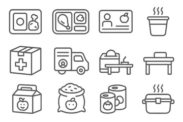 Food Assistance Icons. Line style icons of food and nutrition in relief: meal pack icon, food tray, nutrition card, hot soup