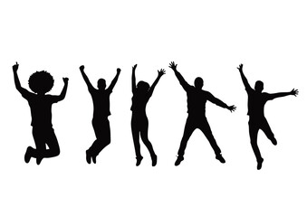 A group of five people joyfully jumping and celebrating with their arms raised high in a silhouette against a white background, embodying elation and excitement.