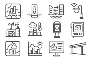 Urban Weather Icon Set. Line style icons of urban weather systems: city heat map, street sensor icon, urban canyon airflow model,