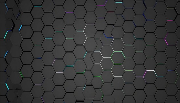 Abstract geometric pattern of dark gray hexagons with vibrant colored lines, creating a futuristic and technological design.