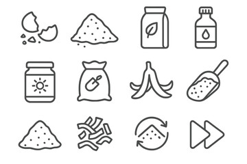Fototapeta premium Compost Accelerator Icons. Line style icons of compost accelerator items: crushed eggshells, alfalfa meal, compost starter bag,