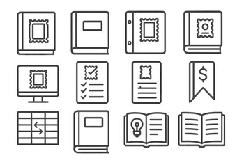 Philatelic Catalog Icons. Line style icons of philatelic catalogs and references: Scott catalog icon, Michel reference book,