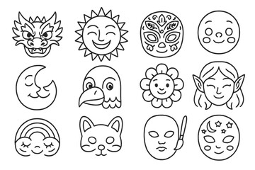 Obraz premium Ceremonial Mask Icons. Line style icons of children’s ceremonial masks: dragon face mask, sun festival mask, paper-cut mask,