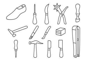 Shoemaking Tools Icons. Line style icons of old shoemaking tools: wooden shoe last, awl, curved knife, leather punch, edge iron,