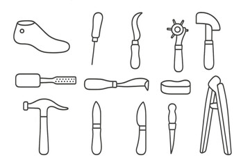 Shoemaking Tools Icons. Line style icons of old shoemaking tools: wooden shoe last, awl, curved knife, leather punch, edge iron,