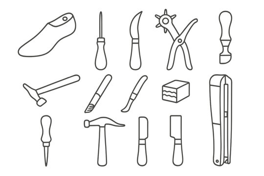 Shoemaking Tools Icons. Line style icons of old shoemaking tools: wooden shoe last, awl, curved knife, leather punch, edge iron,