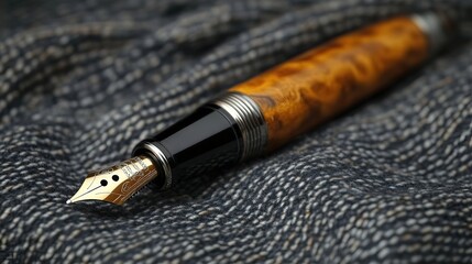 Premium Fountain Pen with Wooden Barrel and Gold Nib on Textured Fabric Background