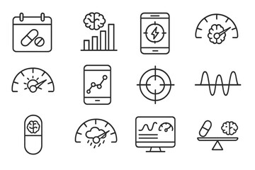 Obraz premium Nootropic Icon Set. Line style icons of nootropic tracking systems: pill log calendar, cognitive score chart, focus boost app,