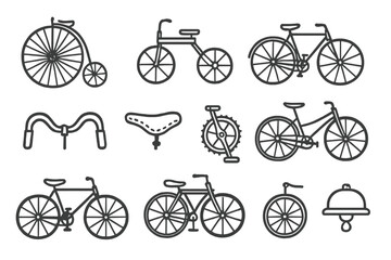 Fototapeta premium Antique Bicycle Icons. Line style icons of antique bicycles: large front wheel bike, wooden-frame tricycle, velocipede icon,