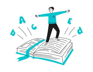 Doodle boy surfing on the pages of a book. Exciting reading. Education. Color. Vector illustration