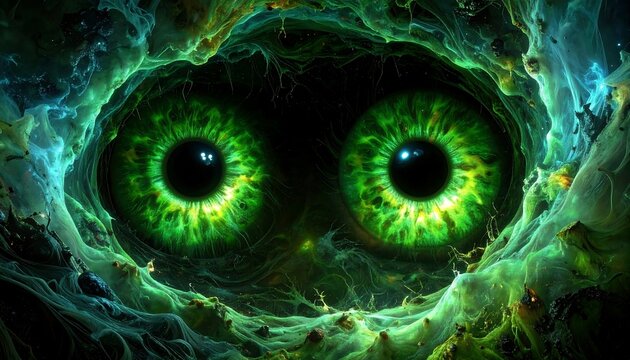 Two glowing green eyes in a swirling nebula