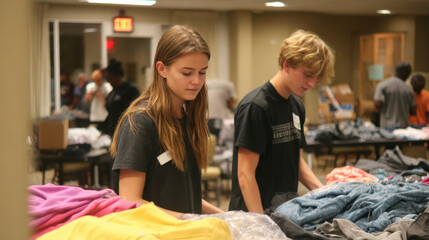 Teenagers volunteering at a shelter, sorting donated clothes and food supplies to support the local community and help those in need