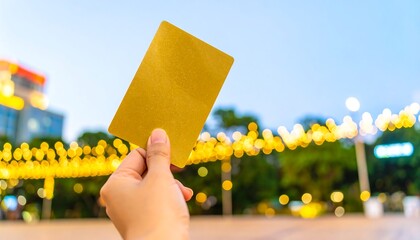 A golden card is held aloft, showcasing a blurred urban setting illuminated by warm lights.