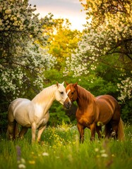 Fototapeta premium Two horses in a blossoming spring meadow