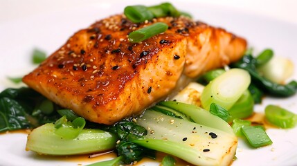 Seared salmon fillet with bok choy and sesame seeds