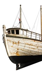Naklejka premium Weathered wooden fishing boat, angled view, showing rust and age