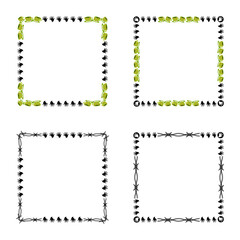 Frog masks border. Black footprints pattern. Fun square layout. Cartoon style frame.