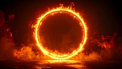 Fiery, glowing ring of flames against a dark backdrop, creating an intense and dramatic visual.
