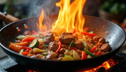 Fototapeta premium Sizzling stir-fry with tender meat, colorful vegetables cooked in fiery wok. Asian cuisine preparation, featuring onion, bell pepper, zucchini, carrots. Experience authentic Chinese cooking, savory
