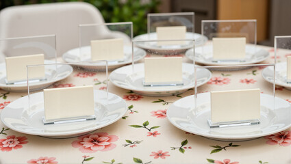 Acrylic place card holders displayed on plates with floral tablecloth  