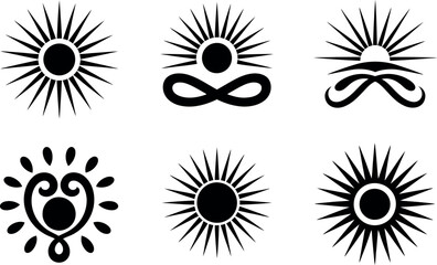 Six Abstract Sun and Yoga Symbols: Black, White, Spiritual Design