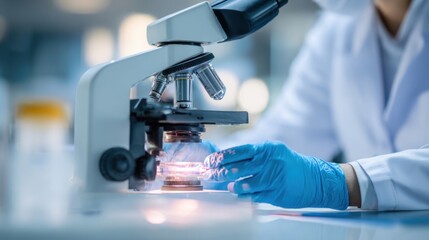A scientist in a white lab coat examines a glass slide under a microscope while wearing blue gloves. The laboratory is bright and equipped with advanced research tools.