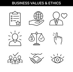 Set of business values and ethics outline icons with checklist, global responsibility, leadership, justice balance, decision making, teamwork, trust, integrity, and transparency