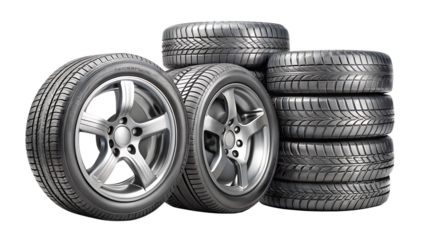 Stack of car tires and wheels isolated on transparent background