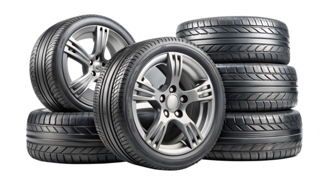 Group of car tires and wheels isolated on transparent background