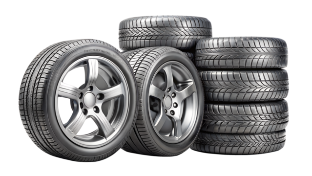 Stack of car tires and wheels isolated on transparent background