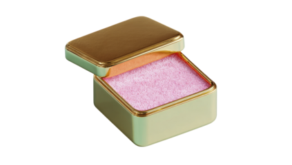Mint-green, gold-trimmed square box, open, with pink interior