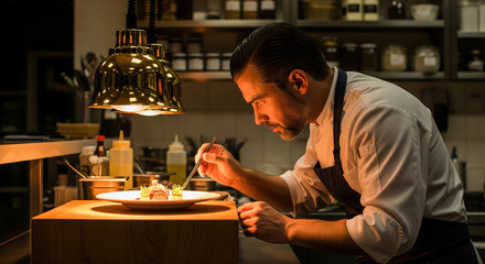 Focused Culinary Artistry: Chef Perfecting a Fine Dining Dish with Tweezers on a Wooden Counter – suitable for cookbooks, gastronomy blogs, and educational training materials for aspiring chefs.