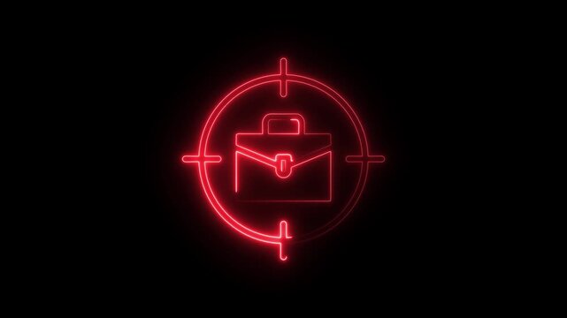 Red Neon Briefcase Target Icon Glowing on Black Background Business Goal Success Concept