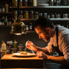 Focused Culinary Artistry: Chef Perfecting a Fine Dining Dish with Tweezers on a Wooden Counter &ndash; suitable for cookbooks, gastronomy blogs, and educational training materials for aspiring chefs.