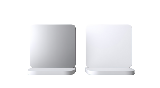 Two identical, simple, white, square, display pedestals or podiums, side-by-side, minimalist design