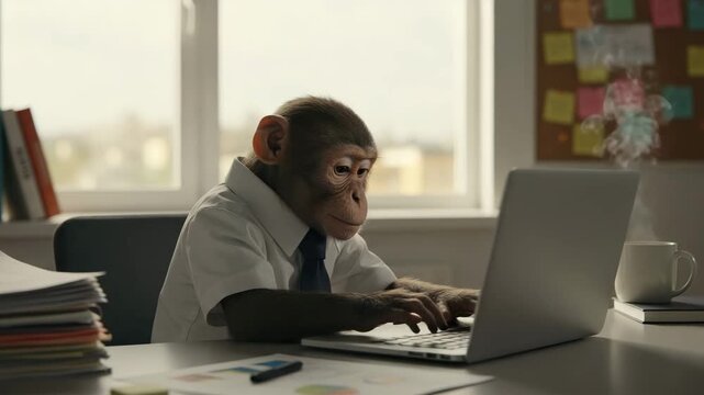 Monkey in Shirt and Tie with Focused Mood Typing Fast on Laptop at Modern Desk with Corkboard