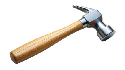 A metal claw hammer with a wooden handle, isolated on transparent background